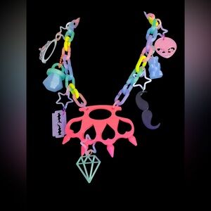Neon Pink Scene Queen Core Charm Brass knuckle Heart Necklace